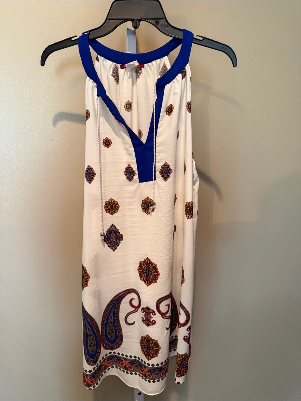 Boho Paisley Halter Dress with Royal Blue Trim